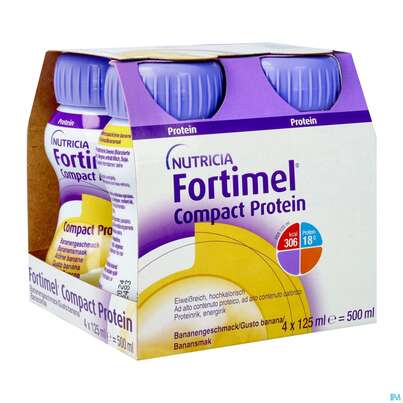 Sie sehen eine Packung Fortimel/compact/protein 125ml Vitalflasche Banane 4st, Produktbild: 02 Fortimel/compact/protein 125ml Vitalflasche Banane 4st, A-Nr.: 3948716 - 02