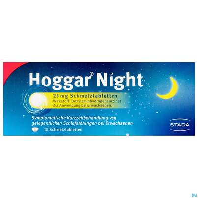 Sie sehen eine Packung HOGGAR NIGHT SCHMTBL 25MG, 10 Stück, Produktbild: 01 HOGGAR NIGHT SCHMTBL 25MG, 10 Stück, A-Nr.: 4962316 - 01