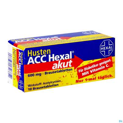 Sie sehen eine Packung HUSTEN ACC HEX BRTBL 600MG, 10 Stück, Produktbild: 02 HUSTEN ACC HEX BRTBL 600MG, 10 Stück, A-Nr.: 1346858 - 02