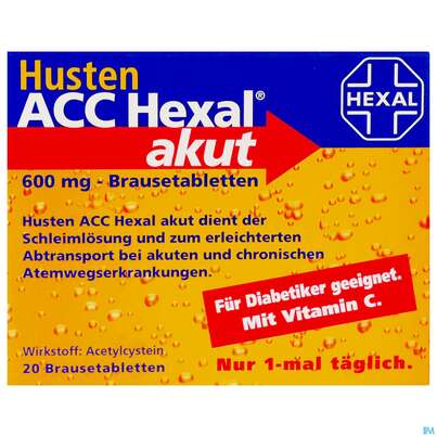Sie sehen eine Packung HUSTEN ACC HEX BRTBL 600MG, 20 Stück, Produktbild: 01 HUSTEN ACC HEX BRTBL 600MG, 20 Stück, A-Nr.: 1346864 - 01
