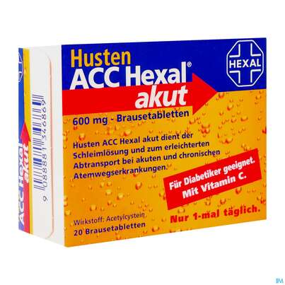 Sie sehen eine Packung HUSTEN ACC HEX BRTBL 600MG, 20 Stück, Produktbild: 02 HUSTEN ACC HEX BRTBL 600MG, 20 Stück, A-Nr.: 1346864 - 02