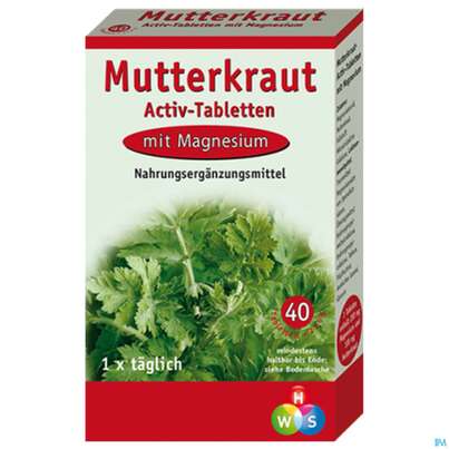 Sie sehen eine Packung Hws Mutterkraut Activ-tabletten 40 Stk., Produktbild: 02 Hws Mutterkraut Activ-tabletten 40 Stk., A-Nr.: 1810089 - 02