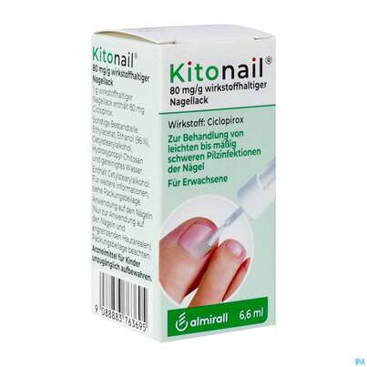 Sie sehen eine Packung Kitonail Wirkstoffhaltiger Nagellack 80mg/g 6,6ml, Produktbild: 02 Kitonail Wirkstoffhaltiger Nagellack 80mg/g 6,6ml, A-Nr.: 3763690 - 02