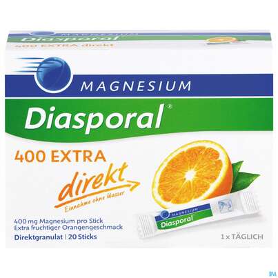 Sie sehen eine Packung Magnesium-Diasporal® 400 EXTRA direkt, Direktgranulat, 20 Stück, Produktbild: 01 Magnesium-Diasporal® 400 EXTRA direkt, Direktgranulat, 20 Stück, A-Nr.: 3870836 - 01