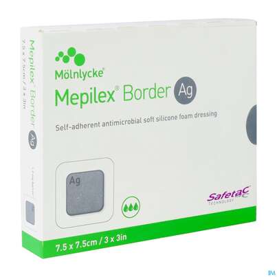 Sie sehen eine Packung Wundverband Mepilex Silikon Border/ag 7,5x 7,5cm 5st, Produktbild: 02 Wundverband Mepilex Silikon Border/ag 7,5x 7,5cm 5st, A-Nr.: 3847719 - 02
