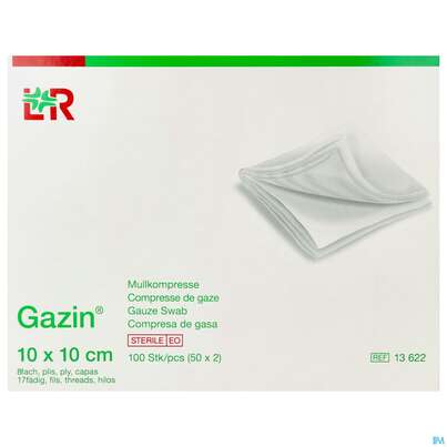 Sie sehen eine Packung Mullkompressen Gazin Baumw.17faedig Steril 8fach 10x 10cm 50x2 100st, Produktbild: 01 Mullkompressen Gazin Baumw.17faedig Steril 8fach 10x 10cm 50x2 100st, A-Nr.: 2309279 - 01