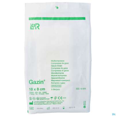 Sie sehen eine Packung Mullkompressen Gazin Baumw.17faedig Steril 16fach 18x 8cm 5st, Produktbild: 01 Mullkompressen Gazin Baumw.17faedig Steril 16fach 18x 8cm 5st, A-Nr.: 2570196 - 01