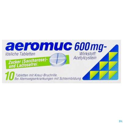 Sie sehen eine Packung AEROMUC TBL LSL 600MG, 10 Stück, Produktbild: 01 AEROMUC TBL LSL 600MG, 10 Stück, A-Nr.: 1284962 - 01