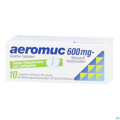 Sie sehen eine Packung AEROMUC TBL LSL 600MG, 10 Stück, Produktbild: 03 AEROMUC TBL LSL 600MG, 10 Stück, A-Nr.: 1284962 - 03