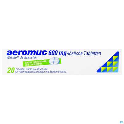Sie sehen eine Packung AEROMUC TBL LSL 600MG, 20 Stück, Produktbild: 01 AEROMUC TBL LSL 600MG, 20 Stück, A-Nr.: 2423420 - 01