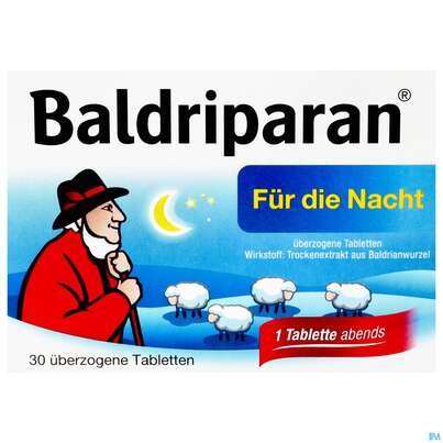 Sie sehen eine Packung BALDRIPARAN NACHT UEBERZ.TBL, 30 Stück, Produktbild: 01 BALDRIPARAN NACHT UEBERZ.TBL, 30 Stück, A-Nr.: 4452414 - 01