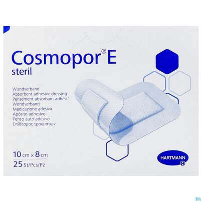 Sie sehen eine Packung Wundverband Cosmopor/e Steril Selbstklebend 8x 10cm 25st, Produktbild: 01 Wundverband Cosmopor/e Steril Selbstklebend 8x 10cm 25st, A-Nr.: 2773752 - 01