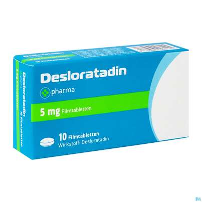 Sie sehen eine Packung DESLORATADIN +PH FTBL 5MG, 10 Stück, Produktbild: 02 DESLORATADIN +PH FTBL 5MG, 10 Stück, A-Nr.: 3903145 - 02