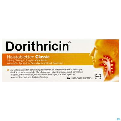 Sie sehen eine Packung DORITHRICIN HALSTBL CLASSIC, 20 Stück, Produktbild: 01 DORITHRICIN HALSTBL CLASSIC, 20 Stück, A-Nr.: 4971189 - 01