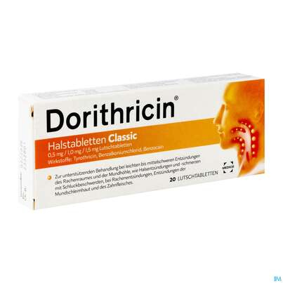 Sie sehen eine Packung DORITHRICIN HALSTBL CLASSIC, 20 Stück, Produktbild: 02 DORITHRICIN HALSTBL CLASSIC, 20 Stück, A-Nr.: 4971189 - 02