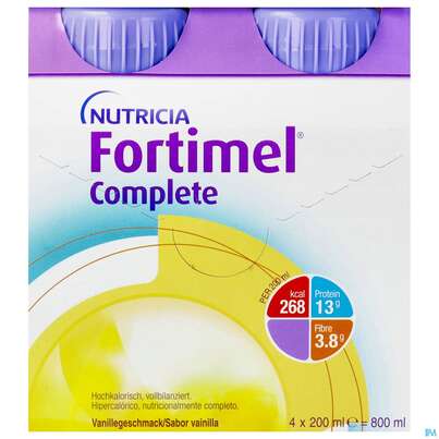 Sie sehen eine Packung Fortimel/complete 200ml Vitalflasche Vanille 4st, Produktbild: 01 Fortimel/complete 200ml Vitalflasche Vanille 4st, A-Nr.: 3664746 - 01