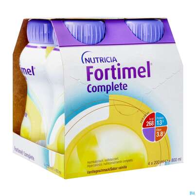 Sie sehen eine Packung Fortimel/complete 200ml Vitalflasche Vanille 4st, Produktbild: 02 Fortimel/complete 200ml Vitalflasche Vanille 4st, A-Nr.: 3664746 - 02