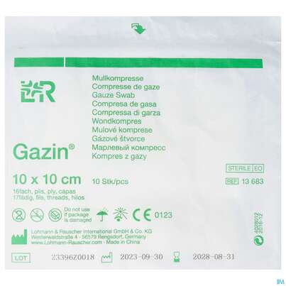 Sie sehen eine Packung Mullkompressen Gazin Baumw.17faedig Steril 16fach 10x10cm 10st, Produktbild: 01 Mullkompressen Gazin Baumw.17faedig Steril 16fach 10x10cm 10st, A-Nr.: 2575130 - 01