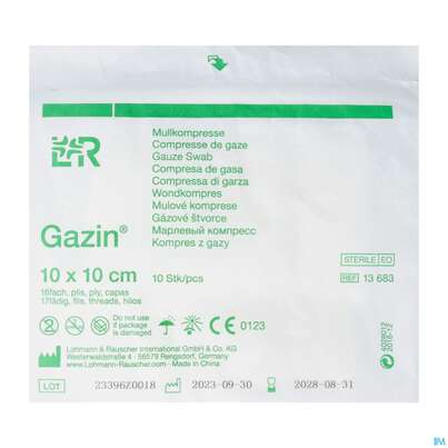 Sie sehen eine Packung Mullkompressen Gazin Baumw.17faedig Steril 16fach 10x10cm 10st, Produktbild: 02 Mullkompressen Gazin Baumw.17faedig Steril 16fach 10x10cm 10st, A-Nr.: 2575130 - 02
