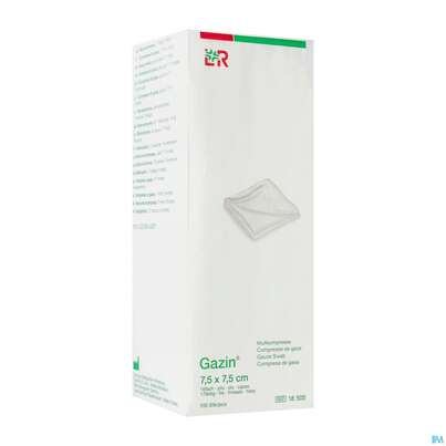 Sie sehen eine Packung Mullkompressen Gazin Baumw.17faedig Unsteril 16fach 7,5x 7,5cm 100st, Produktbild: 02 Mullkompressen Gazin Baumw.17faedig Unsteril 16fach 7,5x 7,5cm 100st, A-Nr.: 2384921 - 02