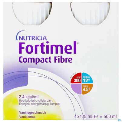 Sie sehen eine Packung Fortimel/compact/fibre 125ml Vitalflasche Vanille 4st, Produktbild: 01 Fortimel/compact/fibre 125ml Vitalflasche Vanille 4st, A-Nr.: 3797849 - 01