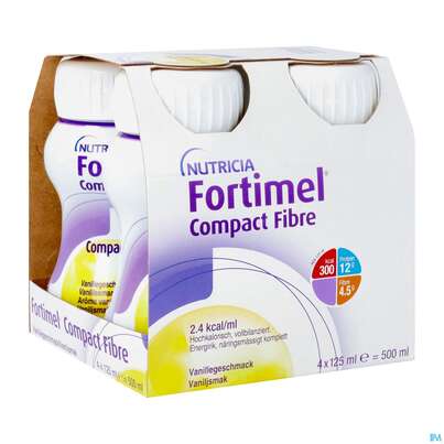 Sie sehen eine Packung Fortimel/compact/fibre 125ml Vitalflasche Vanille 4st, Produktbild: 02 Fortimel/compact/fibre 125ml Vitalflasche Vanille 4st, A-Nr.: 3797849 - 02
