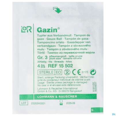 Sie sehen eine Packung Gazin Kugeltupfer Bw Steril Pflaumengross Gr.3 1x 4 4st, Produktbild: 01 Gazin Kugeltupfer Bw Steril Pflaumengross Gr.3 1x 4 4st, A-Nr.: 2575041 - 01
