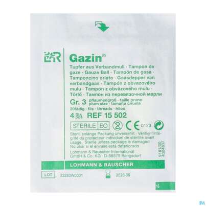 Sie sehen eine Packung Gazin Kugeltupfer Bw Steril Pflaumengross Gr.3 1x 4 4st, Produktbild: 02 Gazin Kugeltupfer Bw Steril Pflaumengross Gr.3 1x 4 4st, A-Nr.: 2575041 - 02