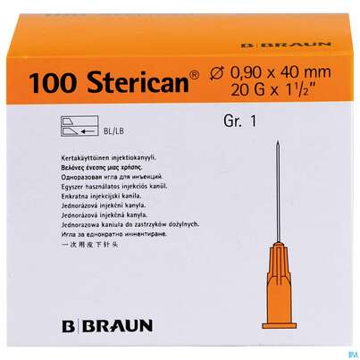Sie sehen eine Packung Injektionsspritzen U.zubeh. Einmalkanuelen Sterican Standard Gr 1 G20x1 1/2 0,9x 40mm 46575 100st, Produktbild: 01 Injektionsspritzen U.zubeh. Einmalkanuelen Sterican Standard Gr 1 G20x1 1/2 0,9x 40mm 46575 100st, A-Nr.: 2692462 - 01