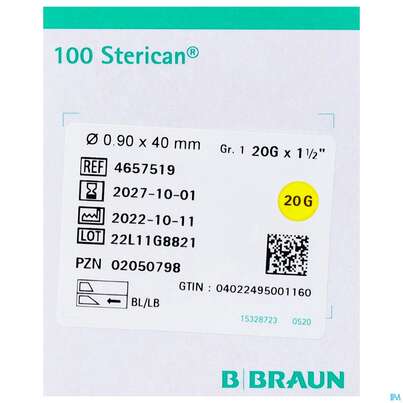 Sie sehen eine Packung Injektionsspritzen U.zubeh. Einmalkanuelen Sterican Standard Gr 1 G20x1 1/2 0,9x 40mm 46575 100st, Produktbild: 02 Injektionsspritzen U.zubeh. Einmalkanuelen Sterican Standard Gr 1 G20x1 1/2 0,9x 40mm 46575 100st, A-Nr.: 2692462 - 02