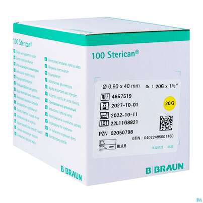 Sie sehen eine Packung Injektionsspritzen U.zubeh. Einmalkanuelen Sterican Standard Gr 1 G20x1 1/2 0,9x 40mm 46575 100st, Produktbild: 03 Injektionsspritzen U.zubeh. Einmalkanuelen Sterican Standard Gr 1 G20x1 1/2 0,9x 40mm 46575 100st, A-Nr.: 2692462 - 03