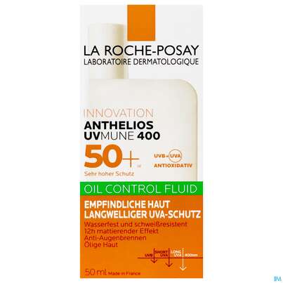 Sie sehen eine Packung La Roche-Posay Anthelios Oil Control Fluid UVMune 400 LSF50+, 50 Milliliter, Produktbild: 01 La Roche-Posay Anthelios Oil Control Fluid UVMune 400 LSF50+, 50 Milliliter, A-Nr.: 5696503 - 01