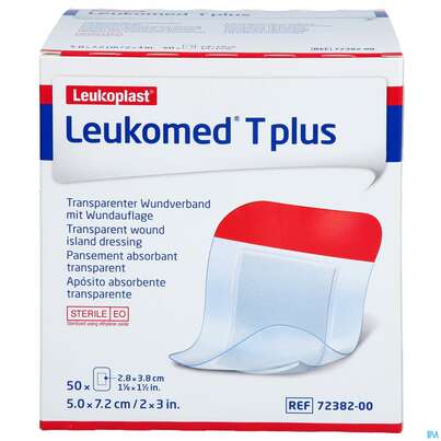 Sie sehen eine Packung Wundverband Leukomed T Plus Folienverband/+auflage Steril 7,2x 5cm 50st, Produktbild: 01 Wundverband Leukomed T Plus Folienverband/+auflage Steril 7,2x 5cm 50st, A-Nr.: 3072810 - 01
