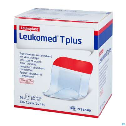 Sie sehen eine Packung Wundverband Leukomed T Plus Folienverband/+auflage Steril 7,2x 5cm 50st, Produktbild: 02 Wundverband Leukomed T Plus Folienverband/+auflage Steril 7,2x 5cm 50st, A-Nr.: 3072810 - 02