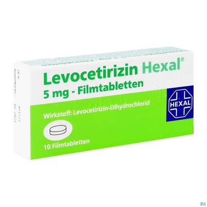 Sie sehen eine Packung LEVOCETIRIZIN HEX FTBL 5MG, 10 Stück, Produktbild: 02 LEVOCETIRIZIN HEX FTBL 5MG, 10 Stück, A-Nr.: 3546509 - 02
