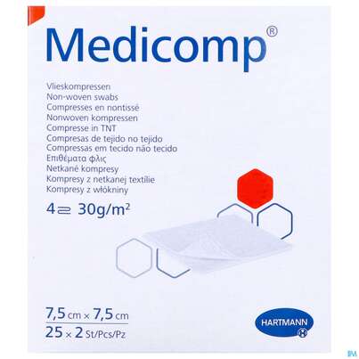 Sie sehen eine Packung Kompressen Medicomp Vliesstoff 4fach Steril 7,5x 7,5cm 25x2 50st, Produktbild: 01 Kompressen Medicomp Vliesstoff 4fach Steril 7,5x 7,5cm 25x2 50st, A-Nr.: 1651998 - 01