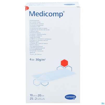 Sie sehen eine Packung Kompressen Medicomp Vliesstoff 4fach Steril 10x 20cm 25x2 50st, Produktbild: 01 Kompressen Medicomp Vliesstoff 4fach Steril 10x 20cm 25x2 50st, A-Nr.: 1652012 - 01