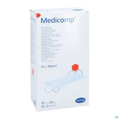 Sie sehen eine Packung Kompressen Medicomp Vliesstoff 4fach Steril 10x 20cm 25x2 50st, Produktbild: 03 Kompressen Medicomp Vliesstoff 4fach Steril 10x 20cm 25x2 50st, A-Nr.: 1652012 - 03