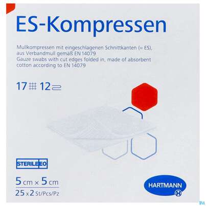 Sie sehen eine Packung Mullkompressen-es Hartmann/steril 12fach 17faedig 5x 5cm 25x2 50st, Produktbild: 01 Mullkompressen-es Hartmann/steril 12fach 17faedig 5x 5cm 25x2 50st, A-Nr.: 2790934 - 01