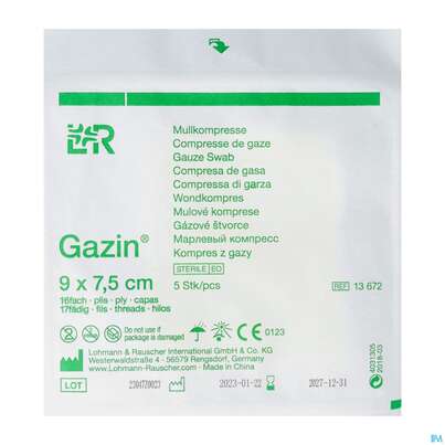 Sie sehen eine Packung Mullkompressen Gazin Baumw.17faedig Steril 16fach 9x7,5cm 5st, Produktbild: 02 Mullkompressen Gazin Baumw.17faedig Steril 16fach 9x7,5cm 5st, A-Nr.: 2575093 - 02