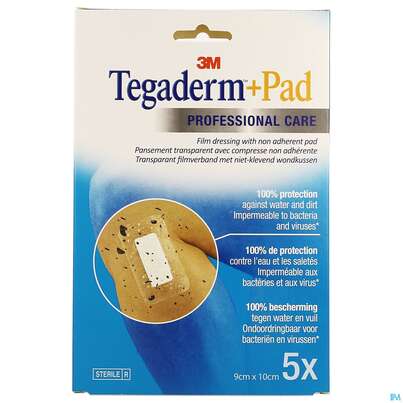 Sie sehen eine Packung 3M Tegaderm + Pad 9 x 10 cm, 5 Stück, Produktbild: 01 3M Tegaderm + Pad 9 x 10 cm, 5 Stück, A-Nr.: 2022514 - 01