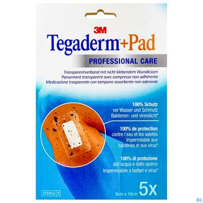 Sie sehen eine Packung 3M Tegaderm + Pad 9 x 10 cm, 5 Stück, Produktbild: 02 3M Tegaderm + Pad 9 x 10 cm, 5 Stück, A-Nr.: 2022514 - 02