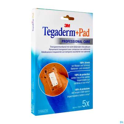 Sie sehen eine Packung 3M Tegaderm + Pad 9 x 10 cm, 5 Stück, Produktbild: 04 3M Tegaderm + Pad 9 x 10 cm, 5 Stück, A-Nr.: 2022514 - 04