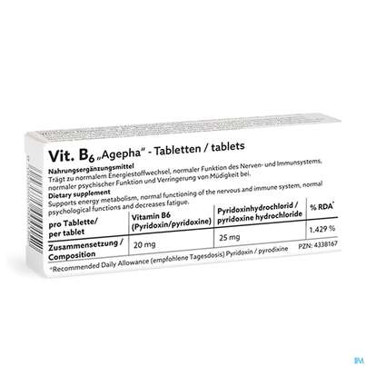 Sie sehen eine Packung Vitamin B6 Tabl Dl 20st, Produktbild: 03 Vitamin B6 Tabl Dl 20st, A-Nr.: 4338167 - 03